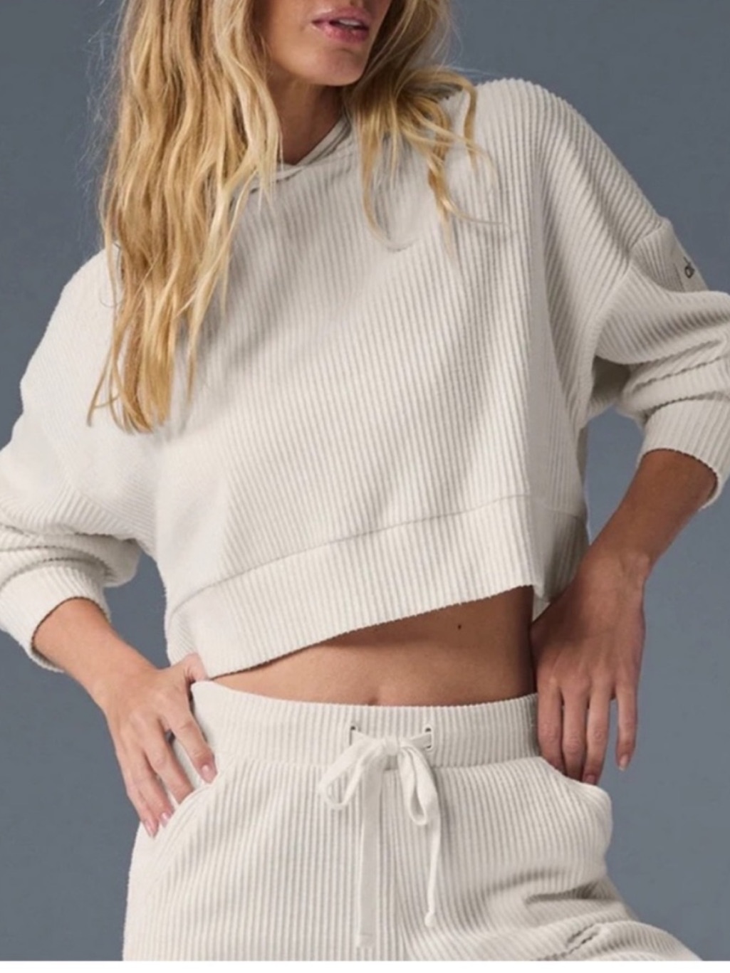 Alo Yoga Muse Ivory Ribbed Crop Oversized Hoodie, Medium